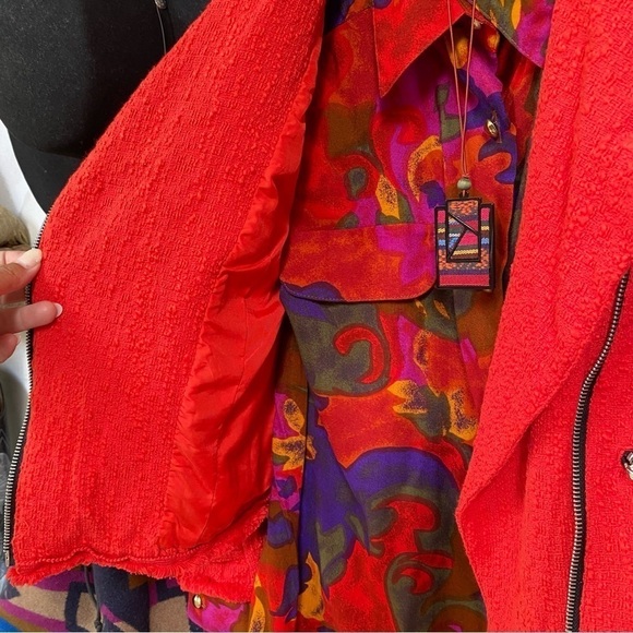 Trendy RED moto style tweed boho jacket w raw edge - Picture 5 of 16